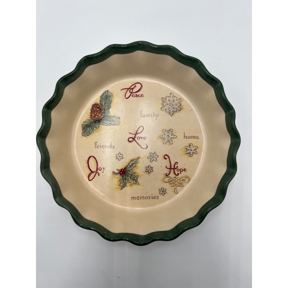 Russ Berrie Christmas Ceramic Pie Dish Scalloped Green Rim Holiday Peace Joy
